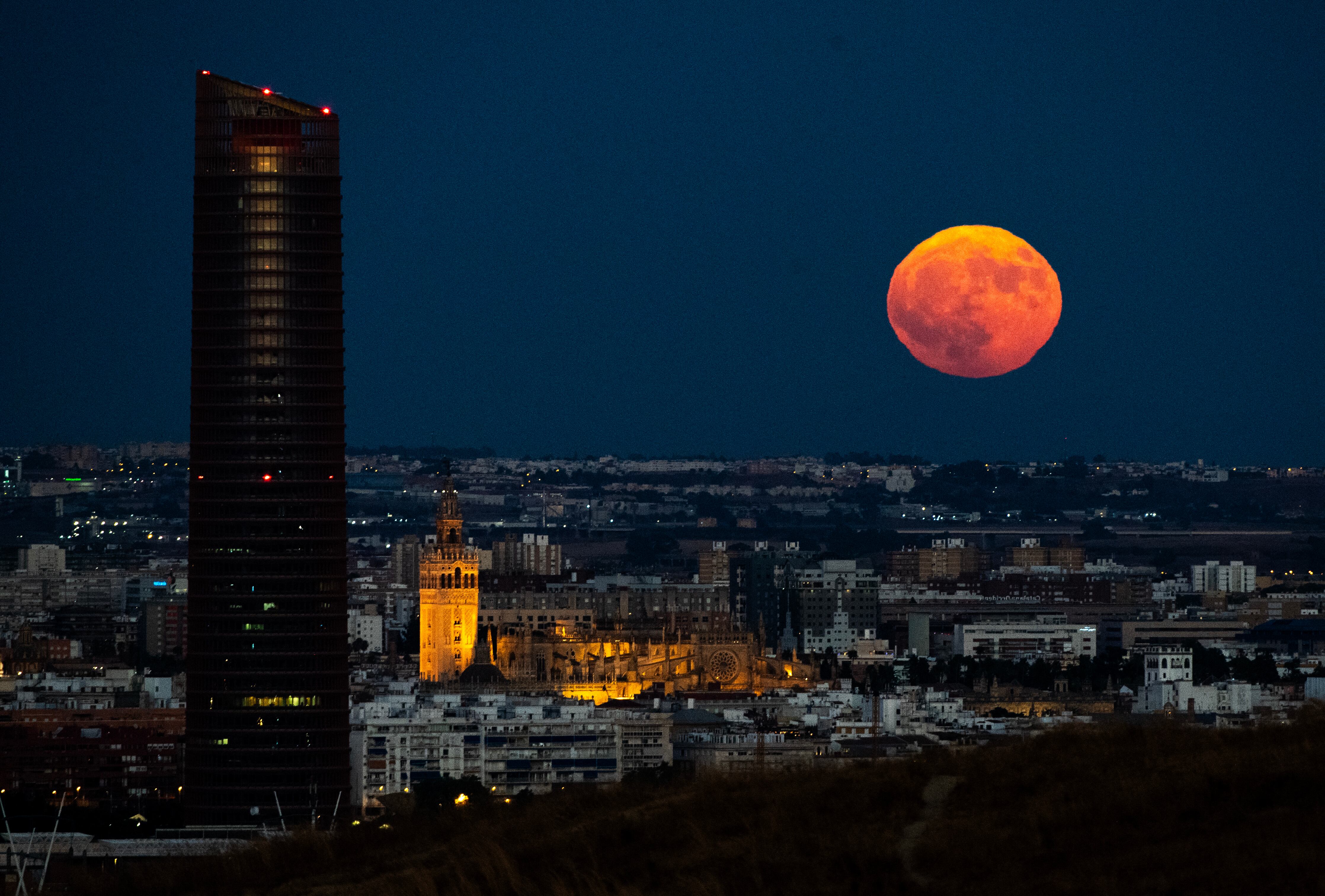 Picture shows Pelli Tower and the cathedral as the full Moon rises over Seville on August 19, 2024. The "blue supermoon" that rises on August 19, 2024 is the unification of a super Moon and a blue Moon. The term "blue Moon" has nothing to do with color but refers to the third full Moon in an astronomical season of four. A super Moon, meanwhile, refers to a full Moon that occurs when it is closer to Earth in its orbit, resulting in a slightly larger and brighter appearance. (Photo by CRISTINA QUICLER / AFP)