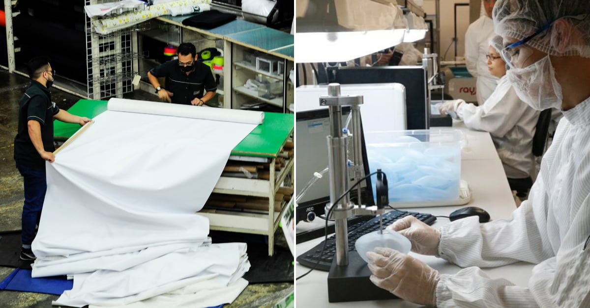 Trabajadores en una tienda textil y en laboratorio de dispositivos médicos en Costa Rica, sectores exportadores afectados por el arancel temporal del 15% impuesto por Estados Unidos bajo la Sección 122 de la Ley de Comercio.