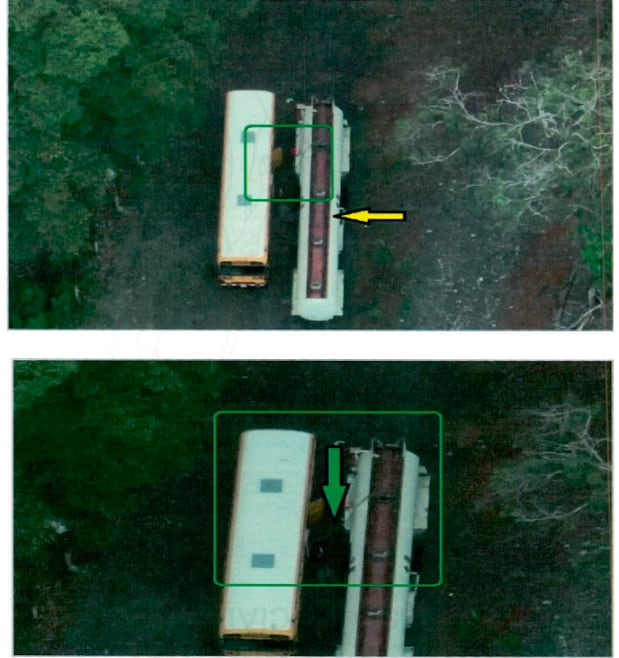 El 14 de marzo del 2024, imágenes de drone captan al bus escolar abasteciendo de combustible un cisterna en el "tajo de Moín".