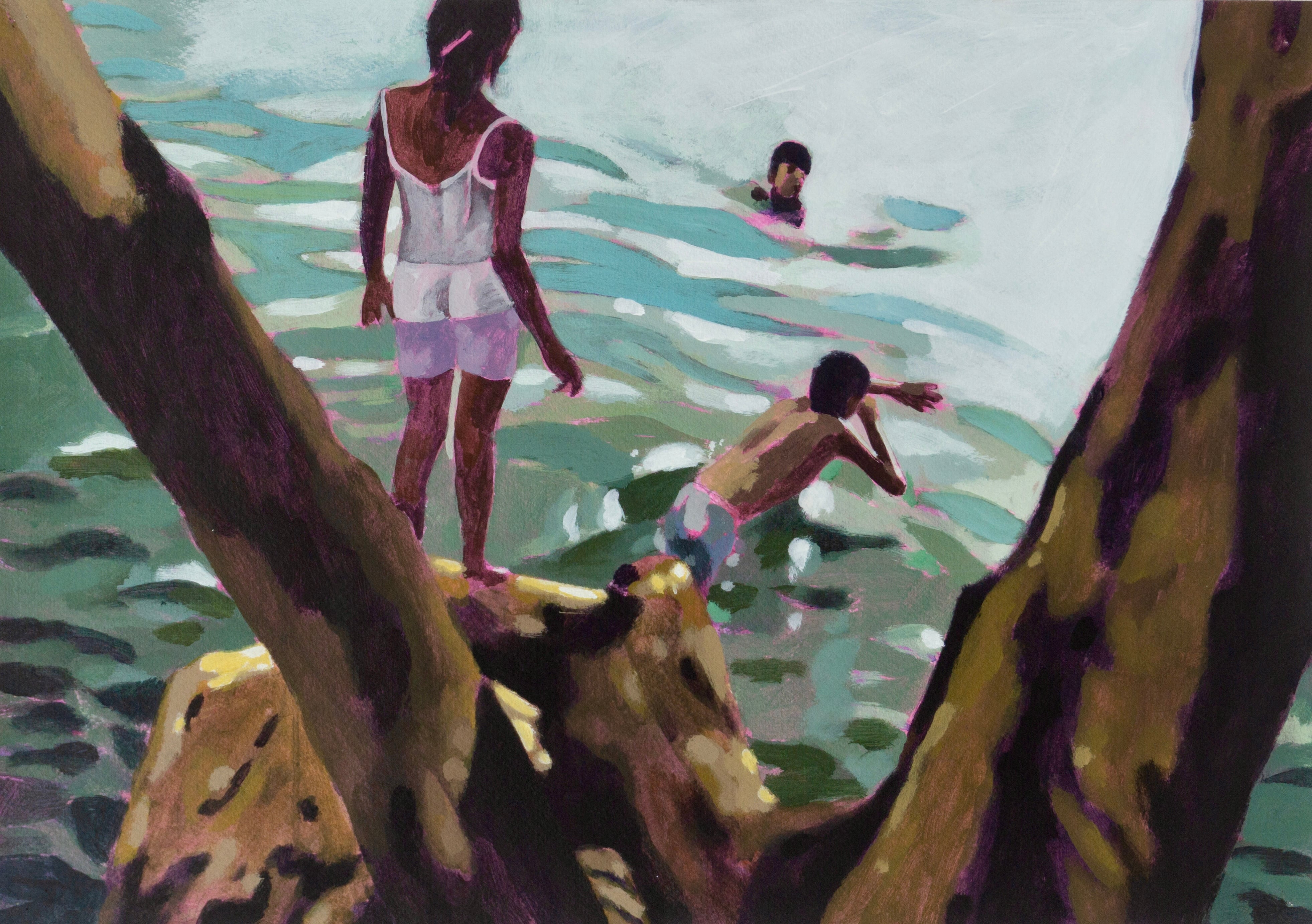 Acrílico de Moisés Barrios, hecho a partir de una fotografía tomada en una poza del Río Dulce de Guatemala. Una niña espera para saltar a la poza