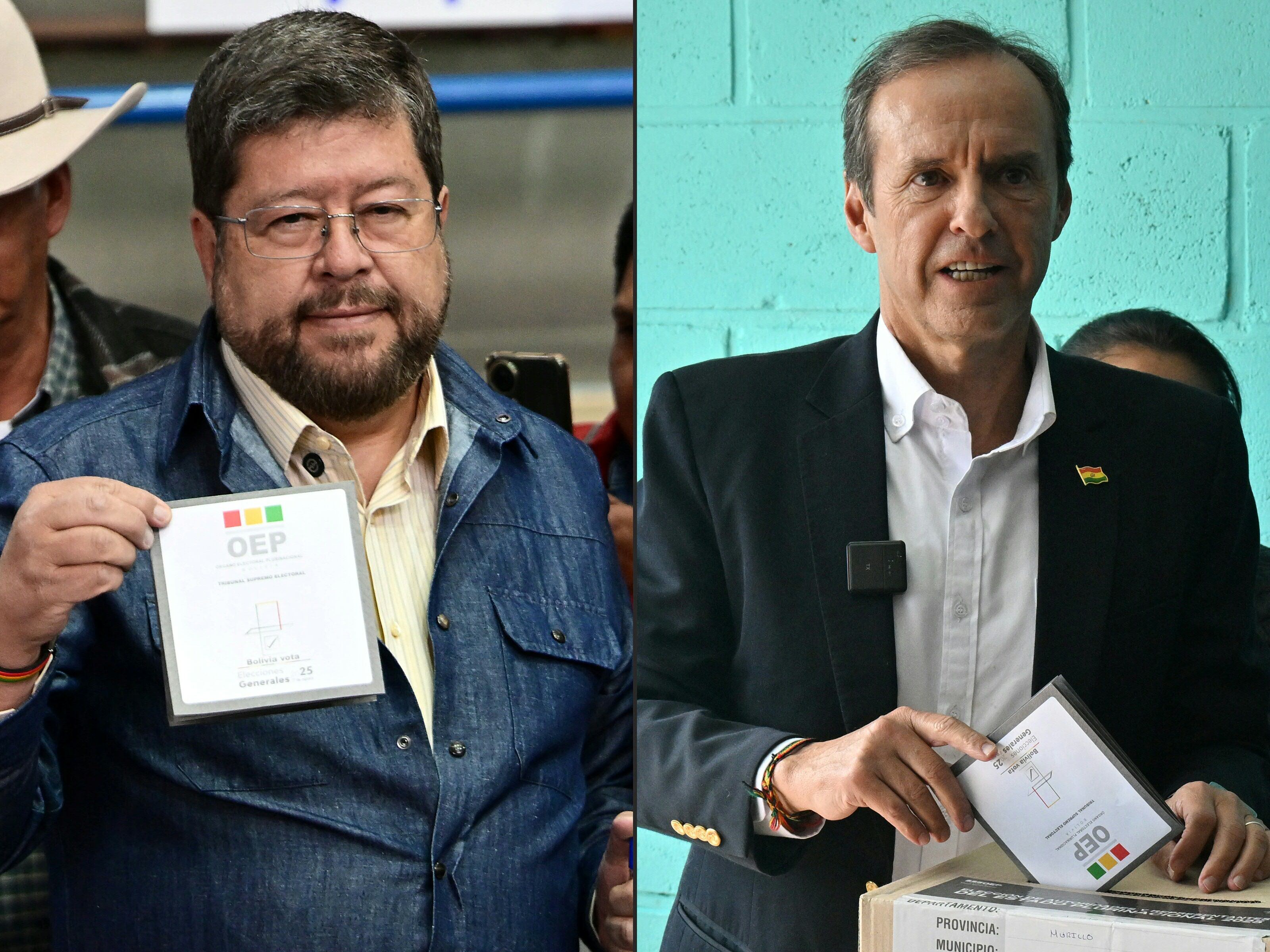 (COMBO) This combination of pictures created on August 17, 2025 shows Bolivia's presidential candidate for the Alianza Unidad coalition, Samuel Doria Medina (L), voting at a polling station in the Franco Boliviano school during the presidential election in La Paz on August 17, 2025, and Former Bolivian president and presidential candidate for the "Alianza Libre" (Free Alliance) coalition, Jorge "Tuto" Quiroga Ramirez (R), casting his vote at a polling station in the Santa Rosa school during the presidential election in La Paz on August 17, 2025. Bolivians headed to the polls Sunday for elections marked by a deep economic crisis that has seen the left implode and the right eyeing its first shot at power in 20 years. (Photo by MARTIN BERNETTI and AIZAR RALDES / AFP)