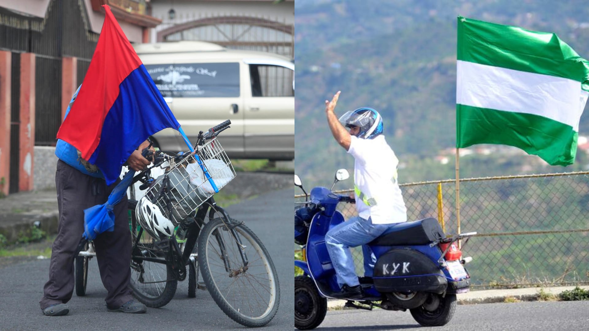 Ciclista con bandera del PUSC y motociclista con bandera del PLN