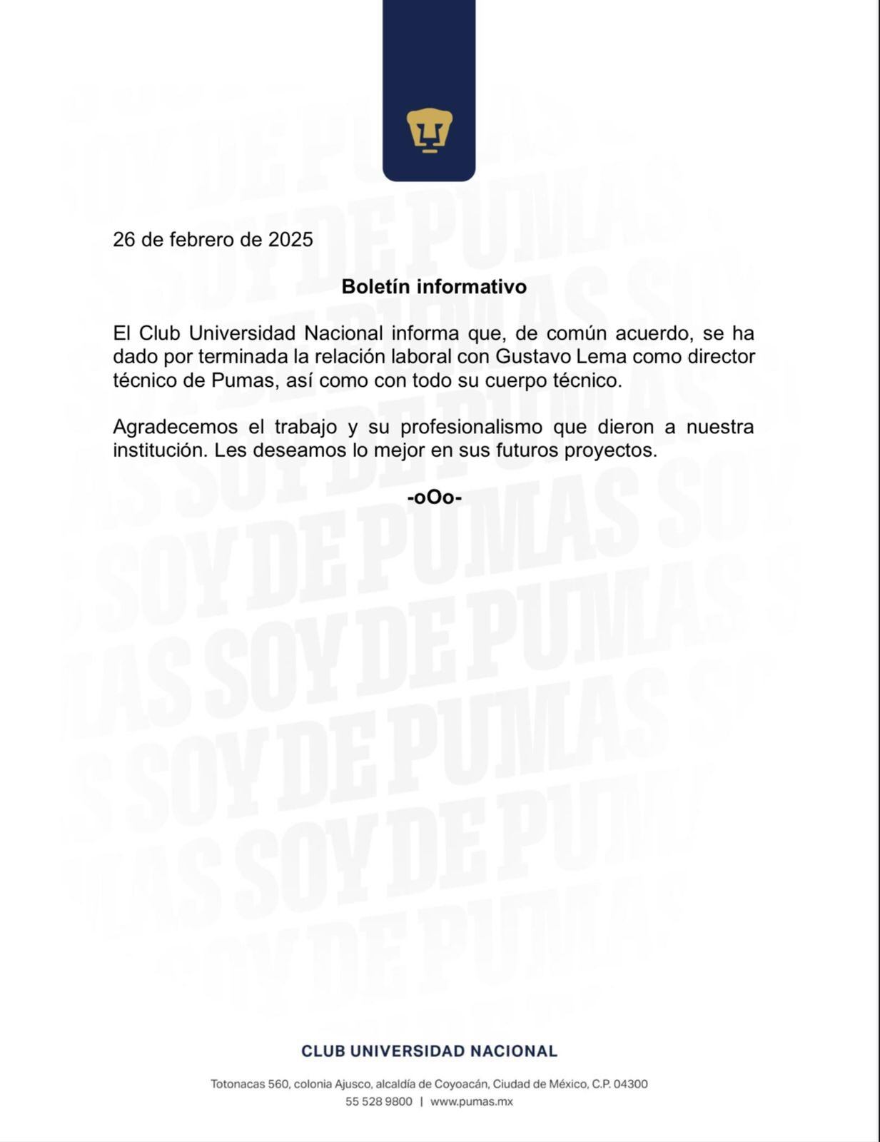Este fue el comunicado que difundió Pumas, dando a conocer la destitución de su técnico.