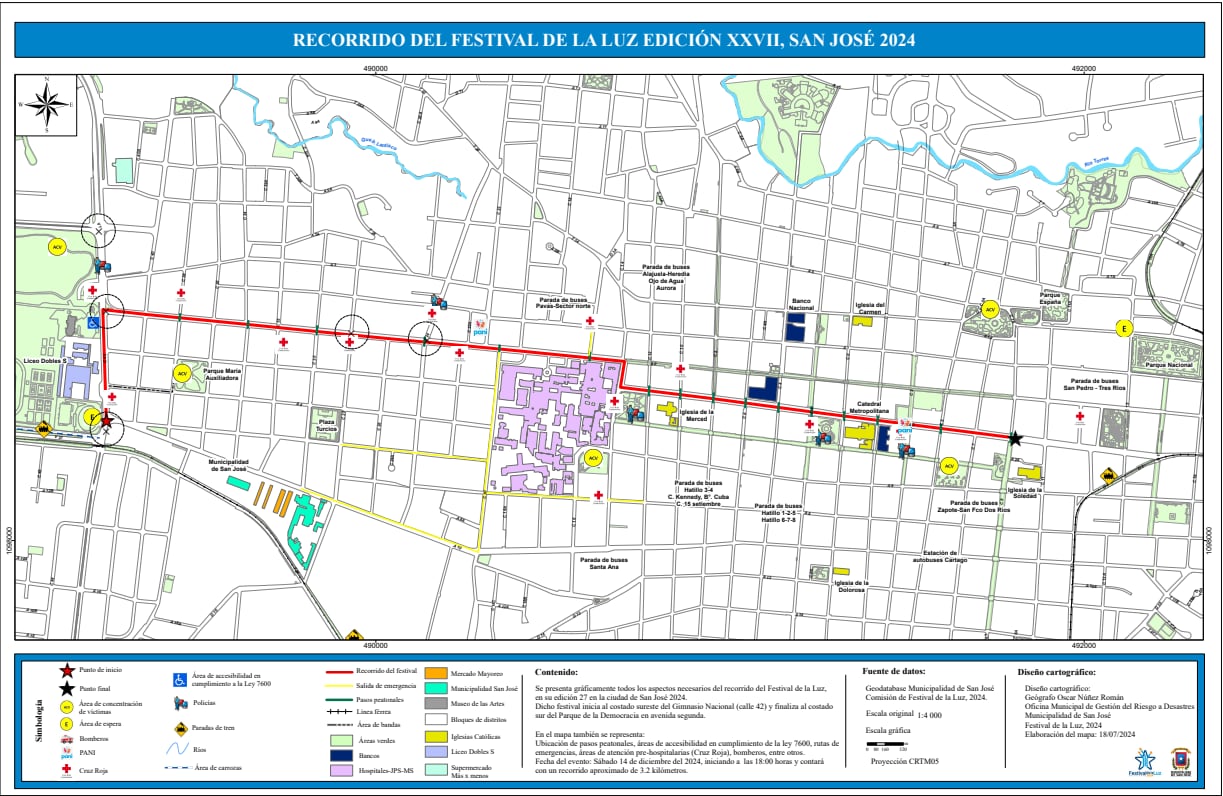 Mapa del recorrido del Festival de la Luz 2024 en San José, Costa Rica, que incluye puntos de inicio y final, áreas de emergencia, zonas accesibles según la ley 7600, y otros detalles logísticos para el evento.