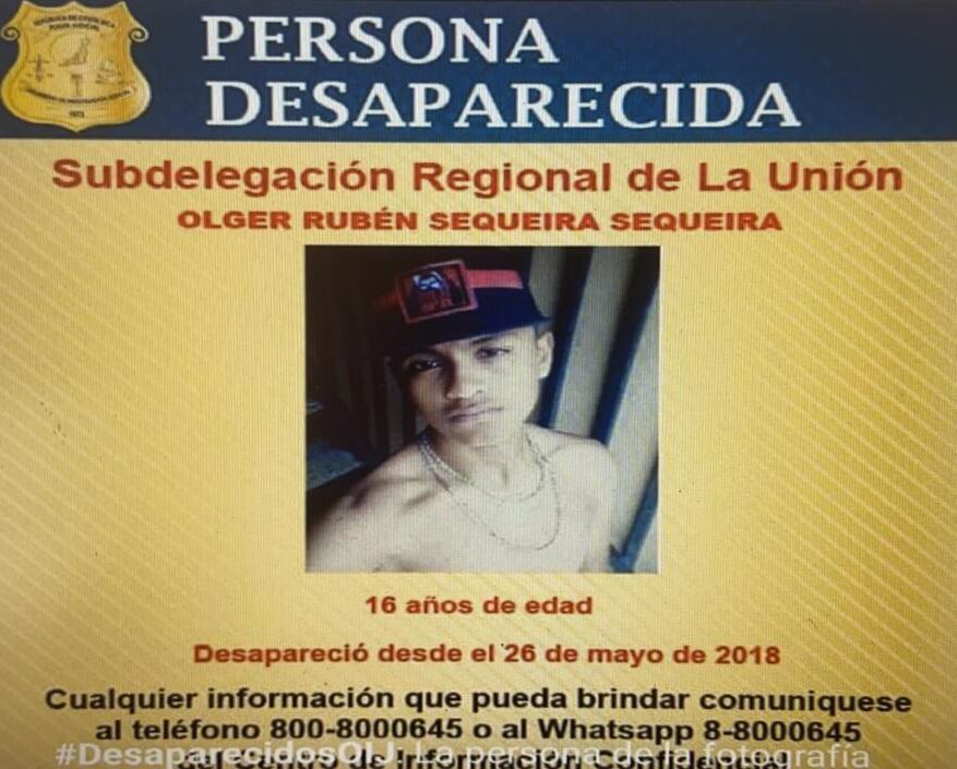 En mayo del 2018 se dejó de tener rastros de este joven de 16 años, de quien hasta hoy no se sabe nada y la Policía cree que podría dar con sus restos. Foto: OIJ.