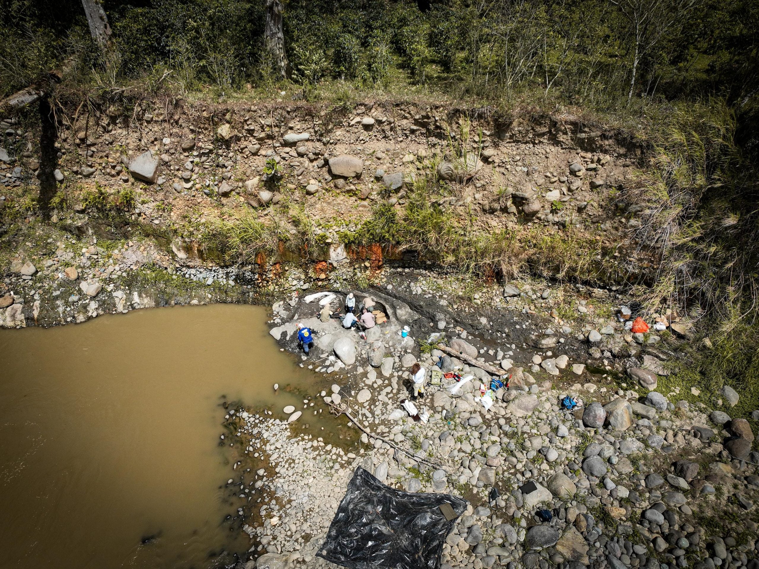 Vista aérea de la zona de excavación donde aparecieron los restos del Cuvieronius (mastodonte) en Cartago.