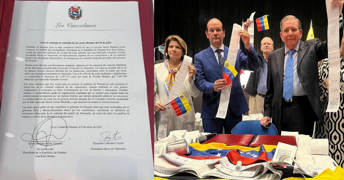 Las actas representan el 85% de las papeletas electorales del 28 de julio, según la oposición venezolana. En la fotografía, Edmundo González (saco negro) muestra las actas electorales junto a otros miembros del gobierno panameño y expresidentes, incluyendo a Laura Chinchilla, exmandataria costarricense.