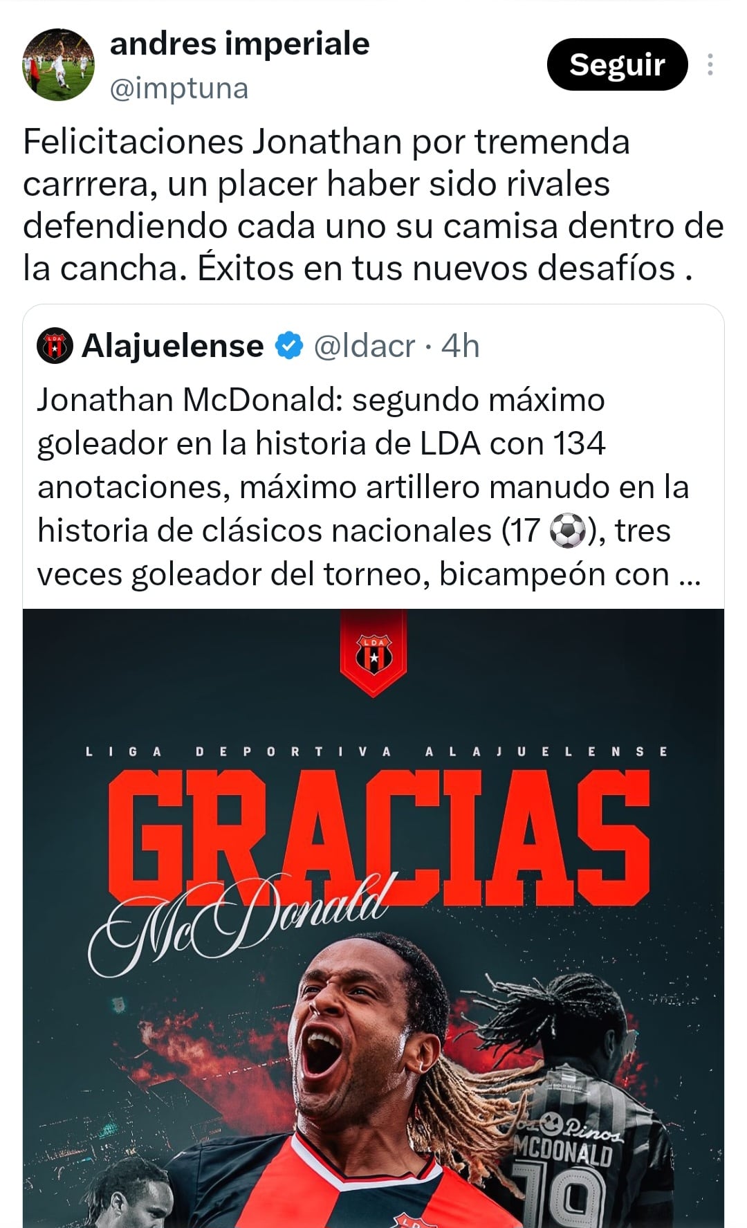 Este es el mensaje que Andrés Imperiale le dedicó a Jonathan McDonald en su retiro.