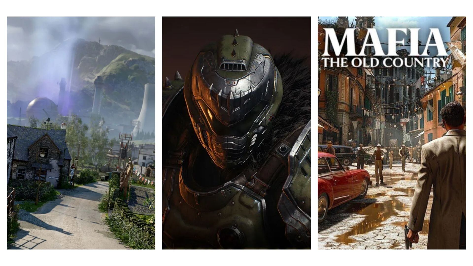 Portadas de 'Atomfall', 'Doom: The Dark Ages' y 'Mafia: El viejo continente'.