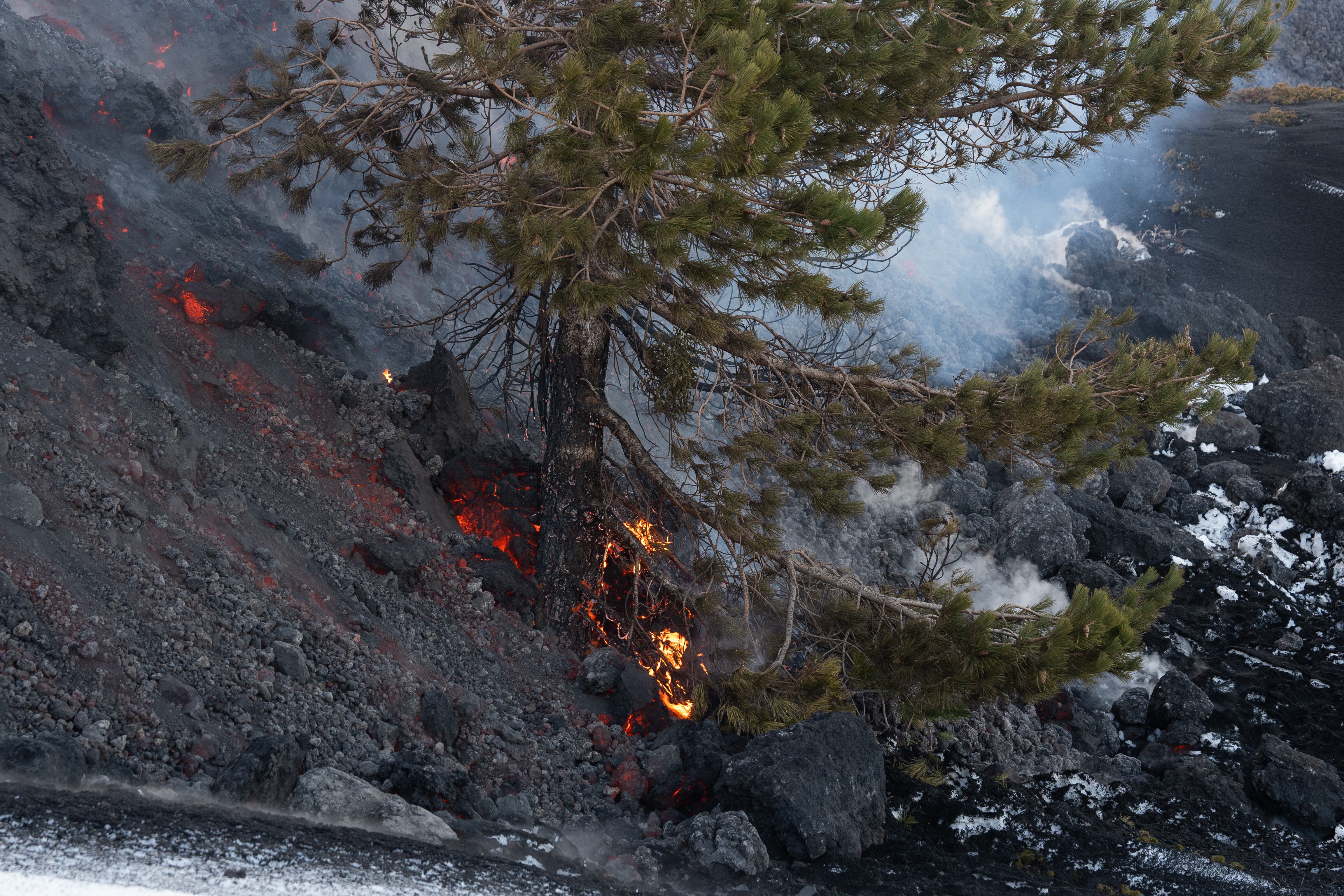 Flujos de lava de una fractura en el Monte Etna durante una erupción del volcán el 14 de febrero de 2025. (Foto Etna Walk / AFP)