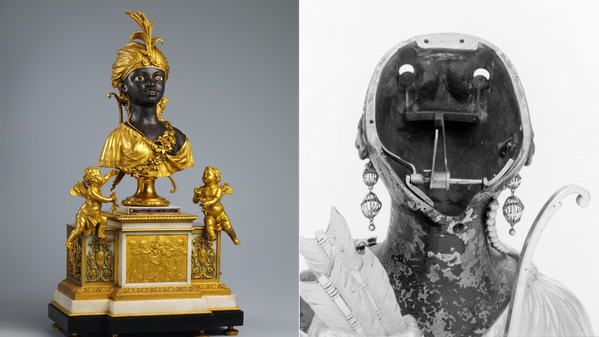 Reloj de sobremesa con mecanismo musical, de Jean-Baptiste-André Furet (francés, ca. 1720–1807), París, ca. 1784. Caja de bronce dorado y mármol, con un órgano miniatura de tubos y fuelles en la base.