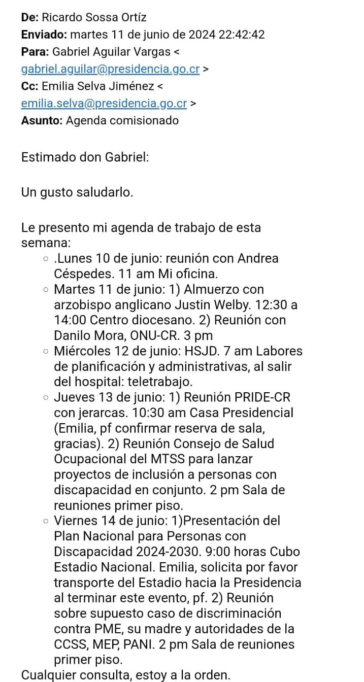 Correo de Ricardo Sossa al despacho presidencial informando su agenda, facilitado por el excomisionado.