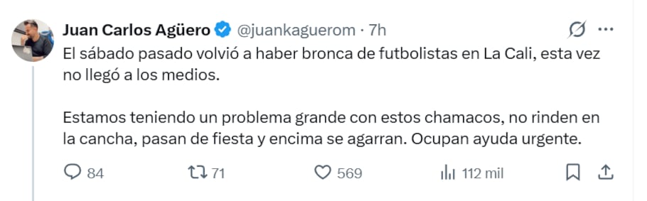 Este fue el primer mensaje publicado por el periodista Juan Carlos Agüero en su cuenta de X.