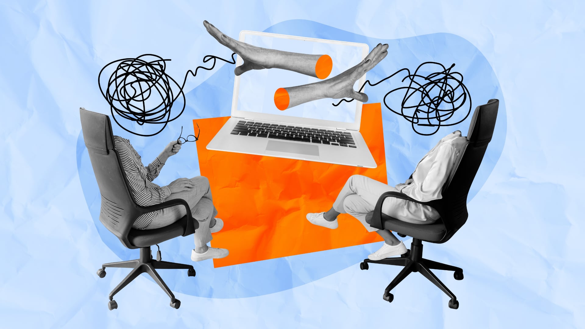 Desinformación, manipulación de los medios y las redes sociales. Personas sin cabeza en sillas frente a una laptop de la que salen manos que manipulan mentes