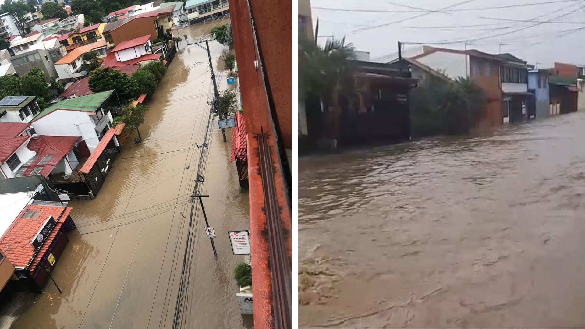 Las intensas lluvias de esta tarde provocaron inundaciones Guanacaste y el Valle Central. (Izquierda: Barrio Escalante; derecha: Desamparados).