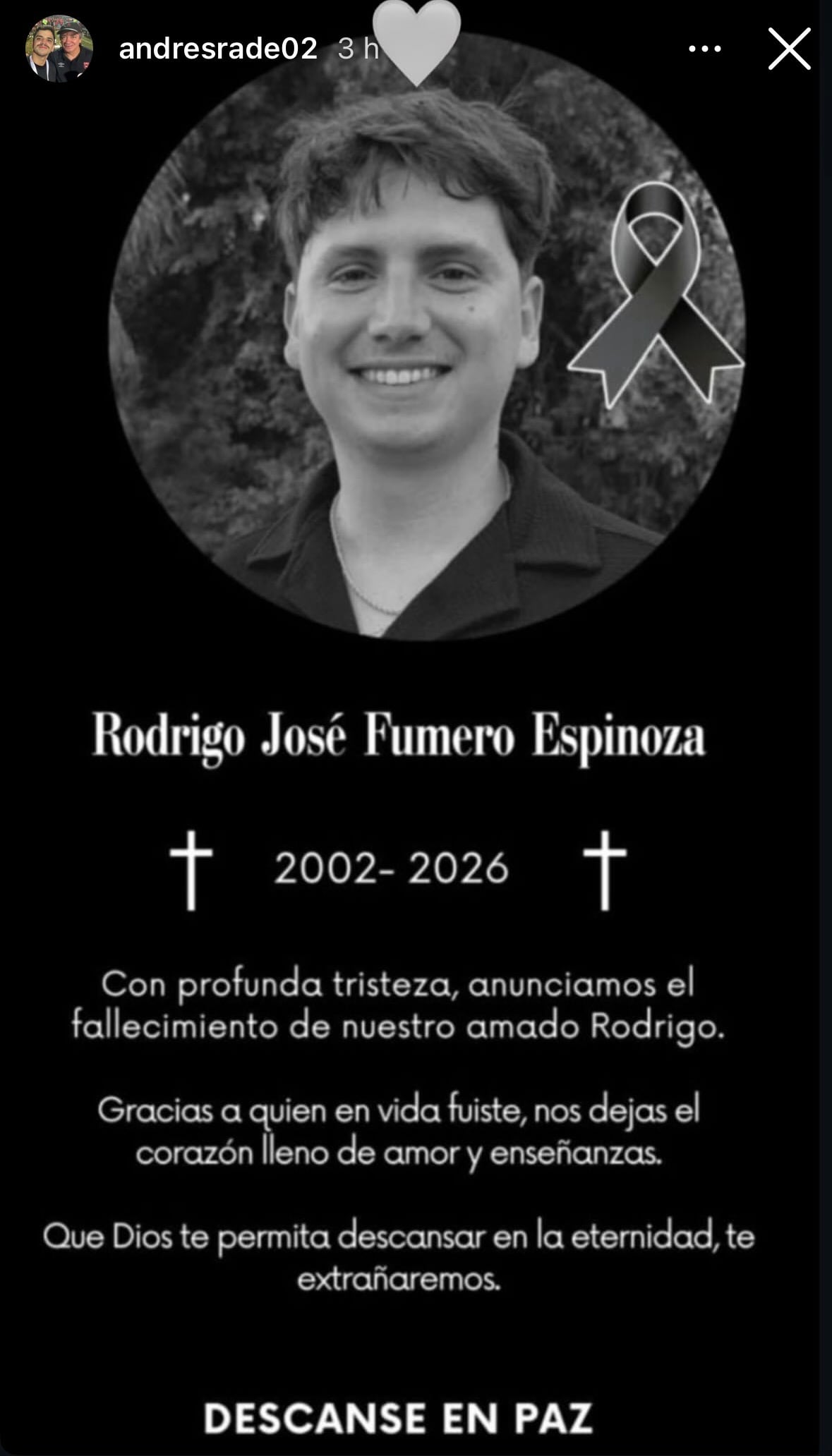 Esta fue la historia que Andrés Ramírez compartió en su cuenta de Instagram, lamentando la muerte de su amigo Rodrigo Fumero.