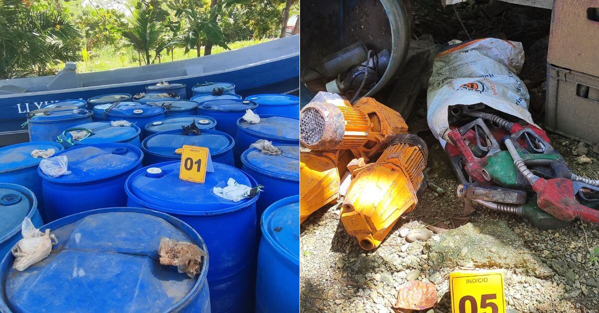 En la imagen, estañones con combustible e implementos presuntamente vinculados al robo del hidrocarburo