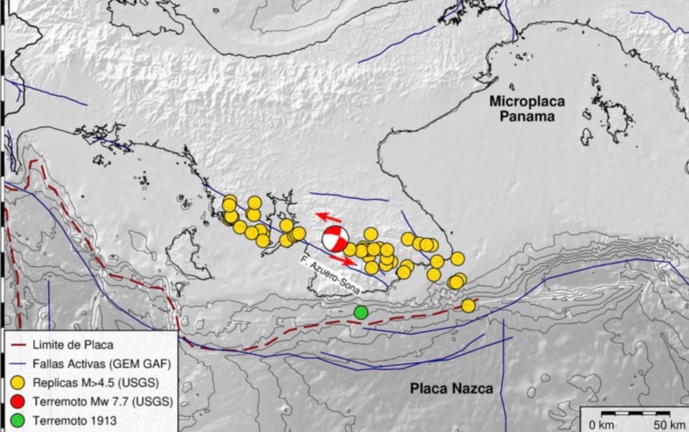 Los círculos amarillos representan las réplicas superior a 4.5 Mw, el circulo verde representa el sismo de 1913 registrado en la zona, mientras que el círculo rojo representa el sismo de 7.7 Mw ocurrido el viernes 9 de octubre.