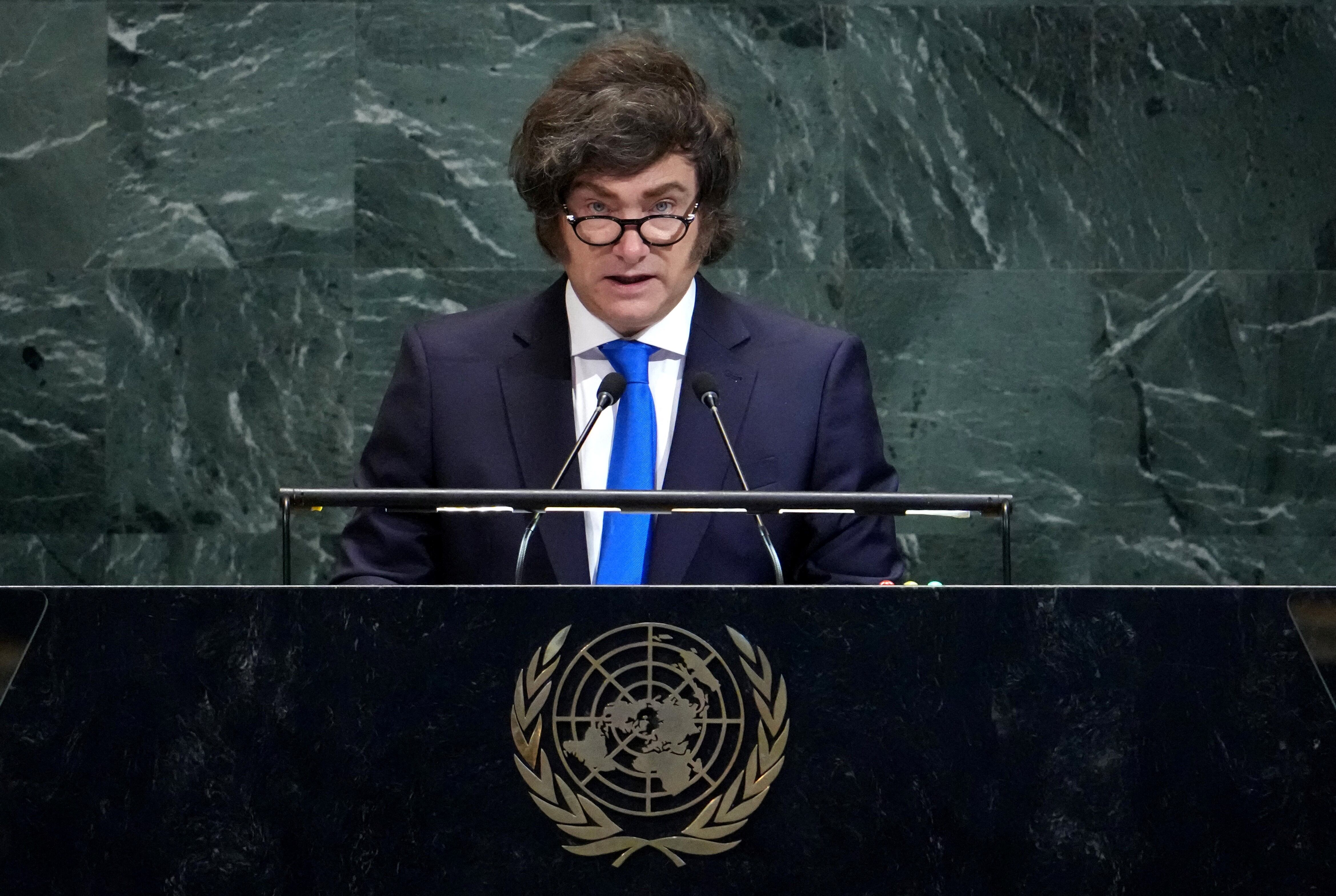 El presidente argentino Javier Milei se dirige a la Asamblea General de las Naciones Unidas en la sede de la ONU en la ciudad de Nueva York el 24 de septiembre de 2025.