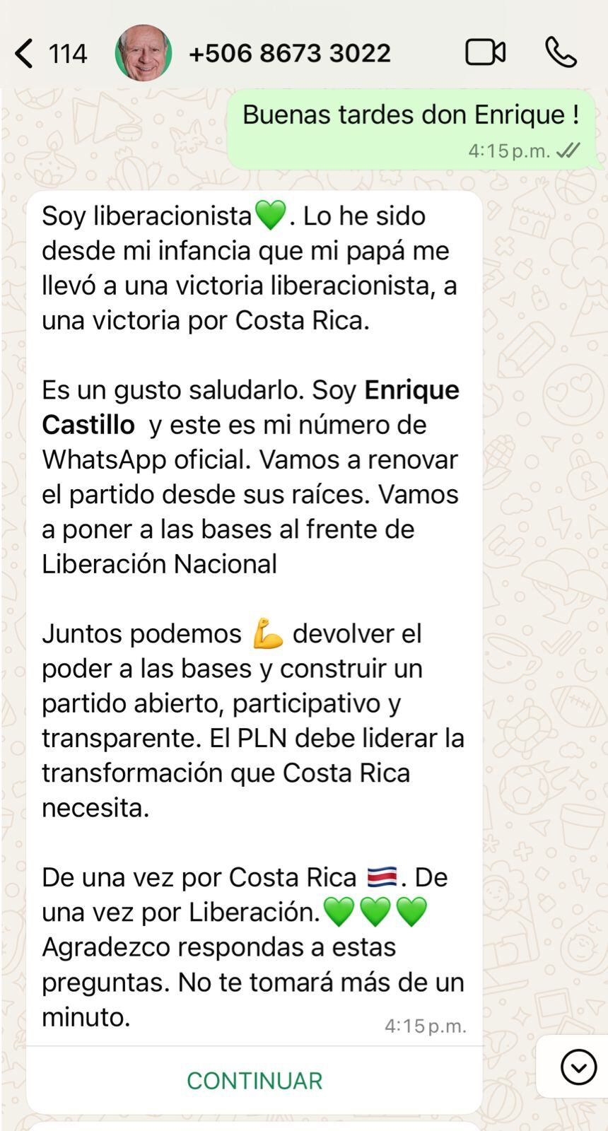 Captura de pantalla de mensaje automático emitido por número relacionado a la campaña de Castillo