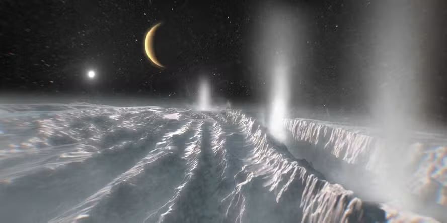 Esta ilustración artística muestra chorros térmicos que emergen de la superficie helada de la región polar sur de la luna Encélado, de Saturno.