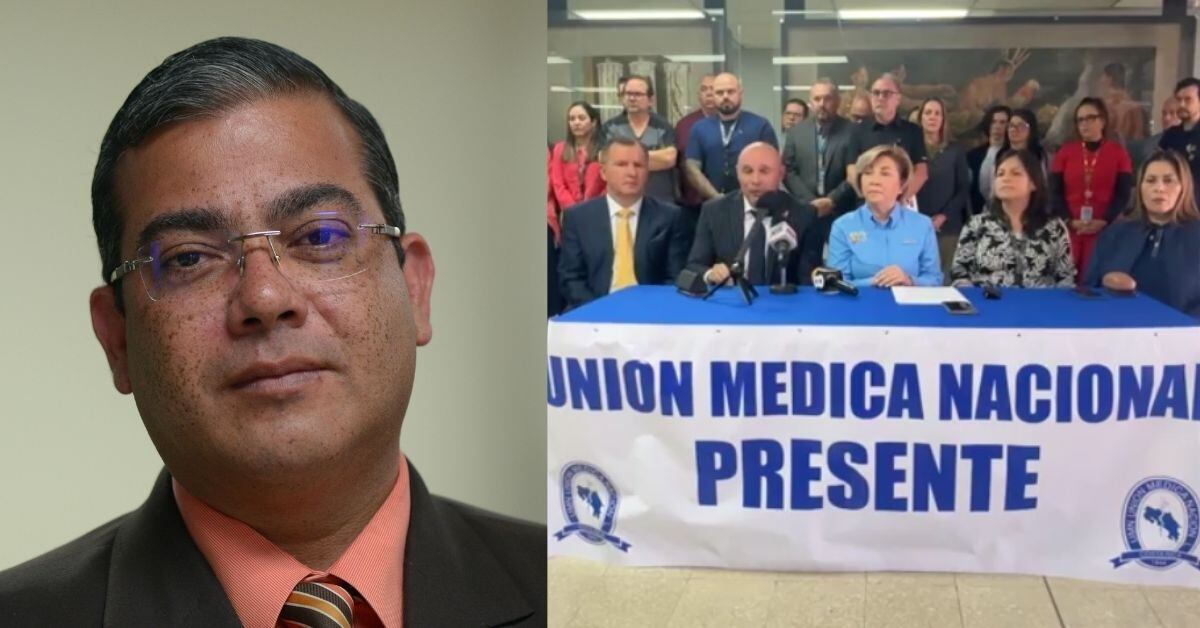 Una composición fotográfica. A la izquierda, Taciano Lemos Pires, director del Hospital Calderón Guardia. A la derecha, los trabajadores del Hospital en una conferencia de prensa.