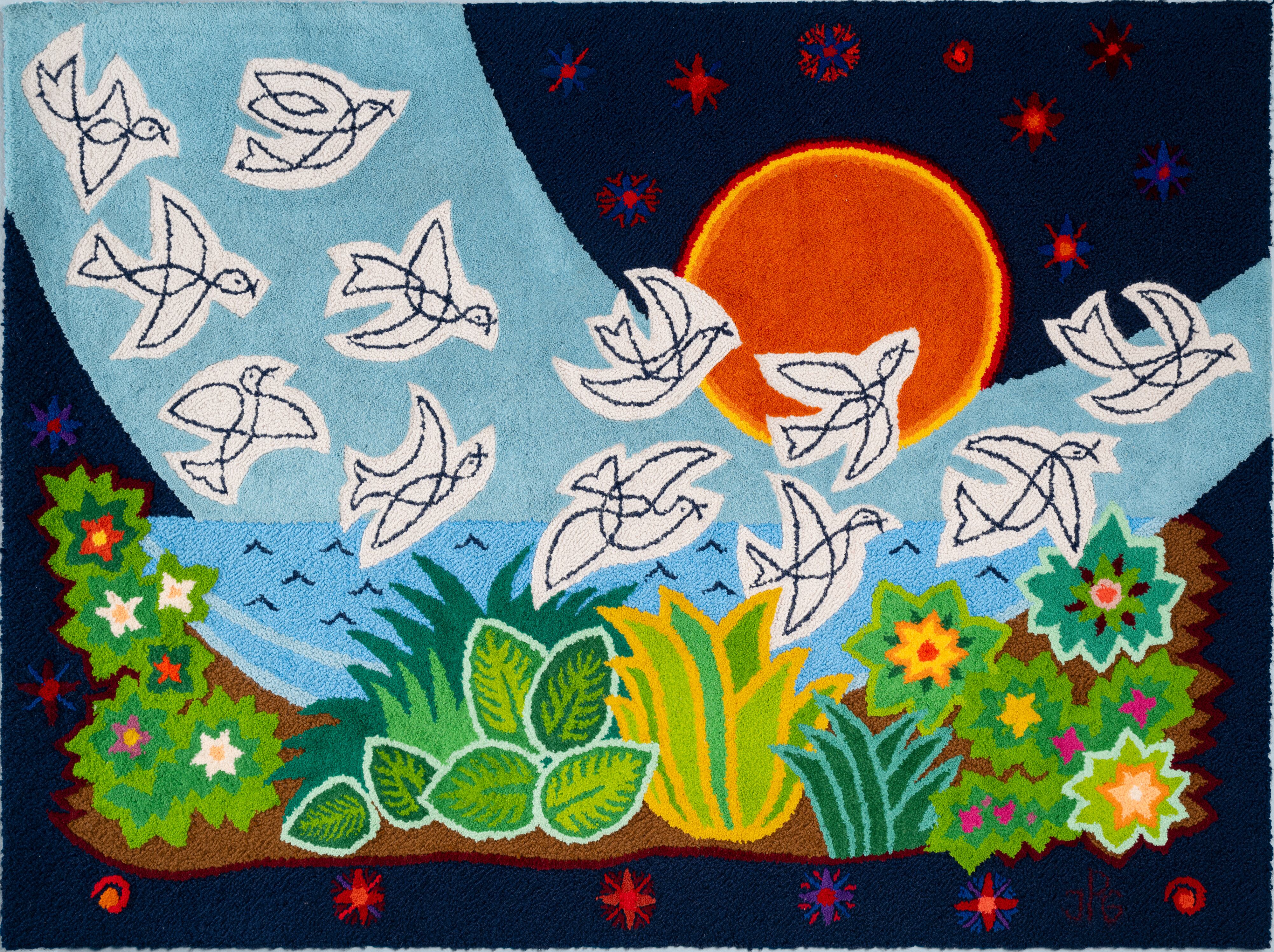 Tapiz llamado 'Sol y pájaros', de Jean Pierre Guillermet. Mide 133 x 171 cm. Sin fecha.