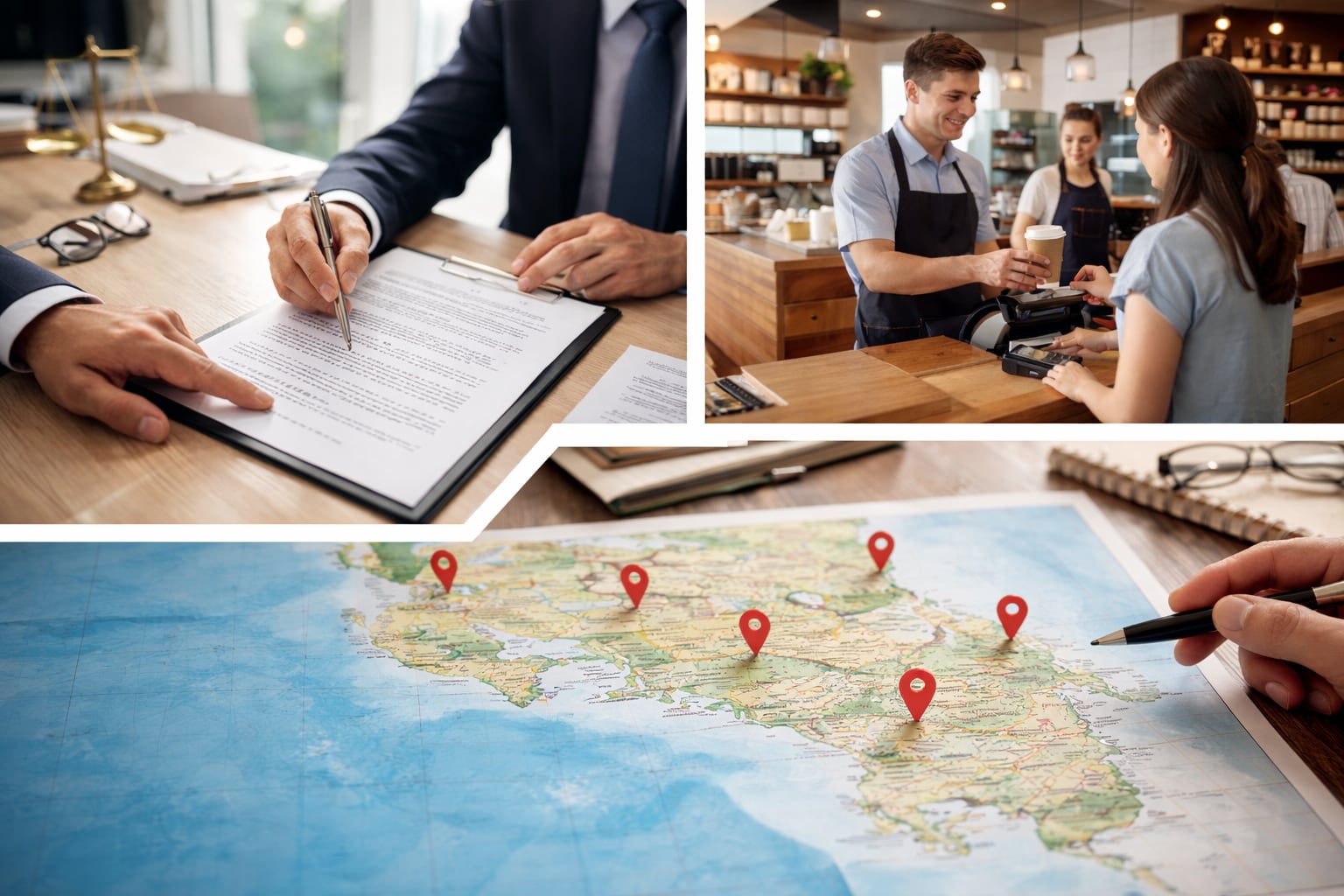 Firma de contrato de franquicia, atención en local comercial y mapa de Costa Rica con ubicaciones de expansión de negocios