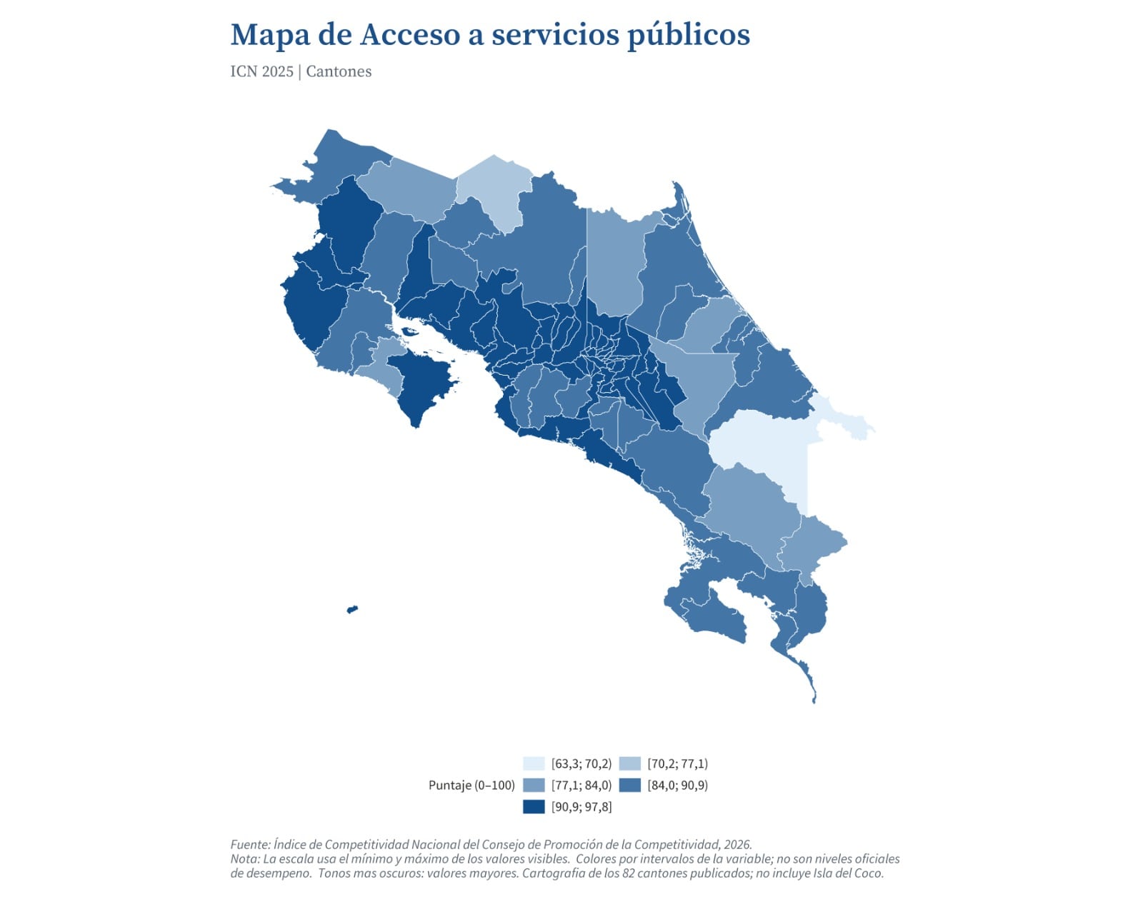 Este mapa muestra el acceso a servicio público de los cantones, según el Informe de Competitividad Cantonal 2025
