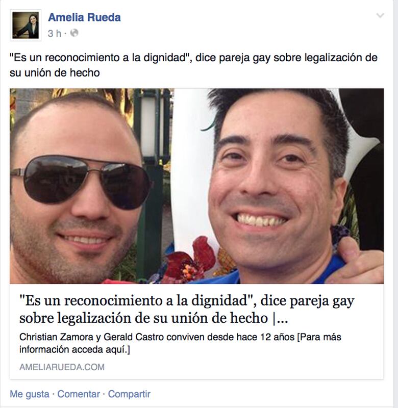 La noticia del reconocimiento de la unión de hecho entre Cristian Zamora y Gerald Castro provocó comentarios a favor y en contra en las redes sociales.   | FOTOGRAFÍAS TOMADAS DE FACEBOOK.