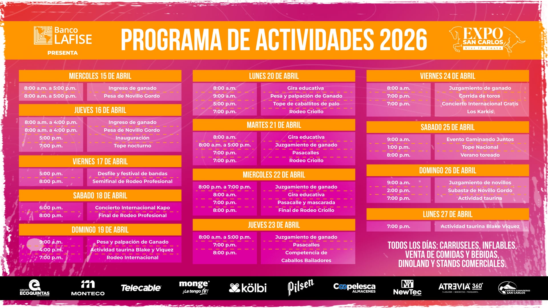 Cronograma de actividades durante la Expo San Carlos 2026.