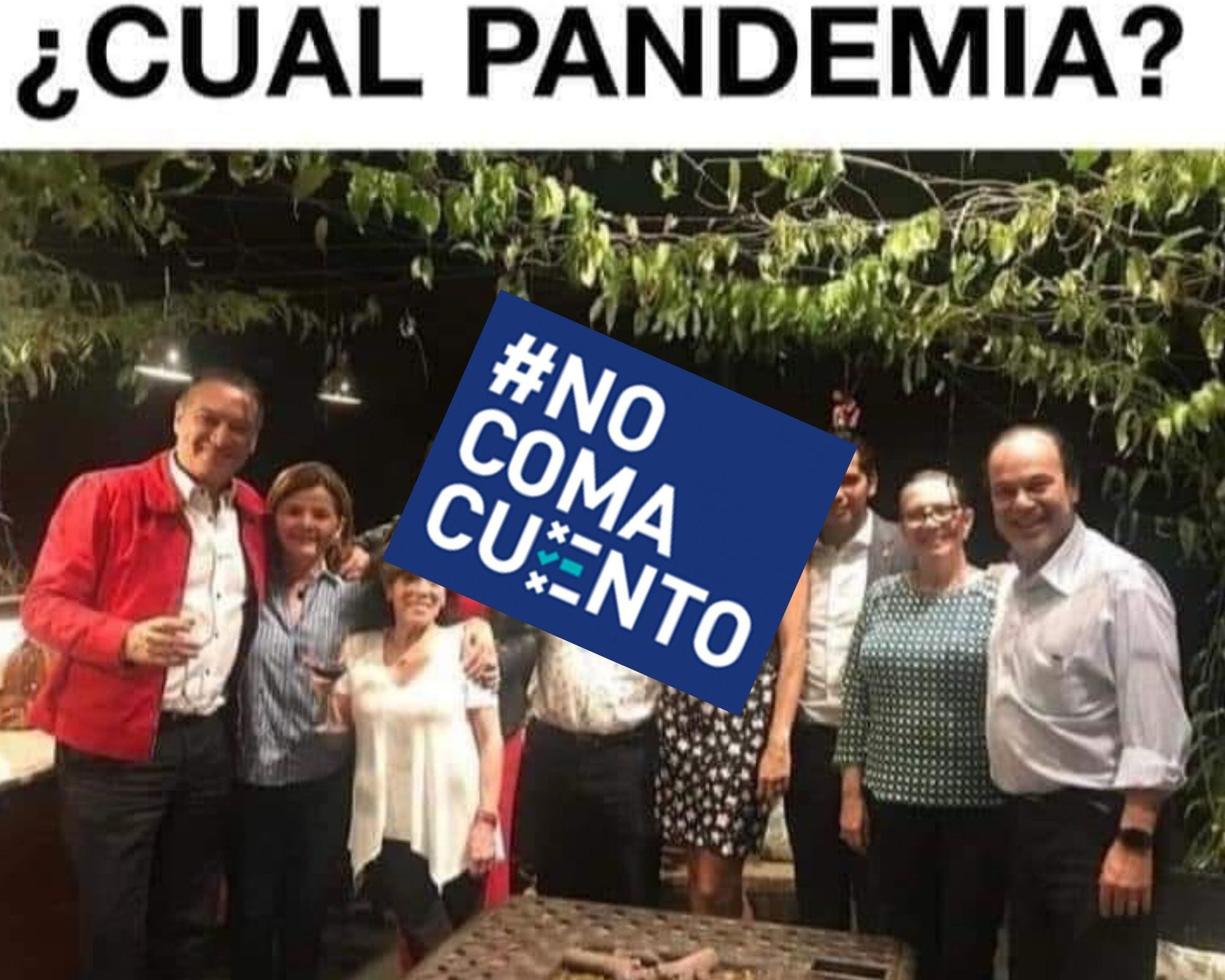 Esta es la foto difundida en Facebook. La imagen original fue publicada por María Luisa Ávila en setiembre de 2019. De izquierda a derecha, aparecen Roberto Thompson, Ávila, Shirley Calvo (atrás, de rojo, esposa de Thompson), María Marta Ortiz (de blusa blanca, esposa de Leonerdo Garnier), Leonerdo Garnier, María José Corrales, Gustavo Viales, Eva Maklouf (esposa de Roberto Gallardo) y Roberto Gallardo.