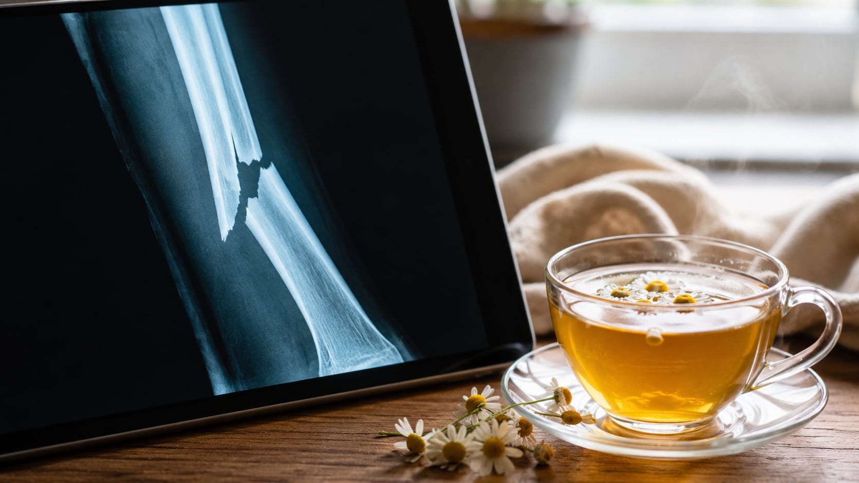 Una taza de té de manzanilla junto a una imagen de radiografía de una fractura de hueso