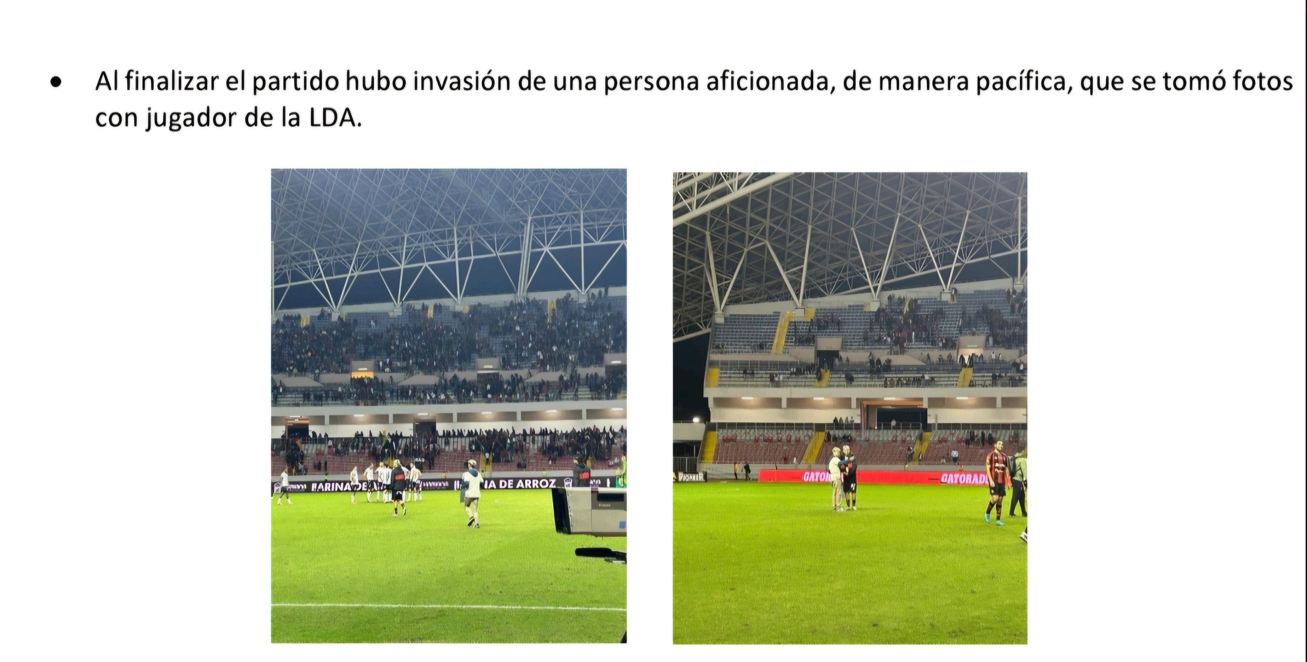 Así se reportó la invasión pacífica de un aficionado en el informe de la comisaria de seguridad en el partido entre Liga Deportiva Alajuelense y Cartaginés.