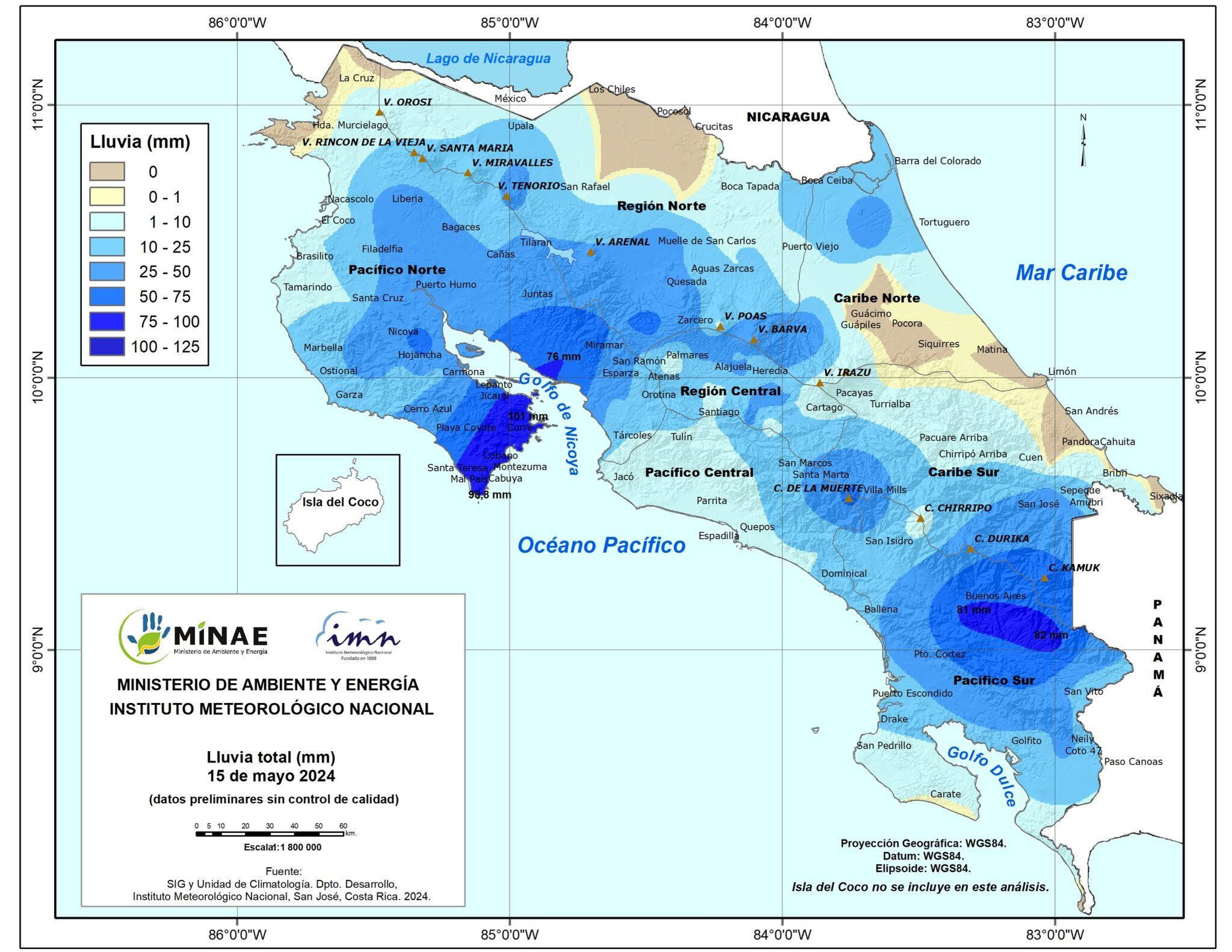 Solo tres partes del territorio (tono café) estuvieron sin lluvias el 15 de mayo. Imagen: IMN.