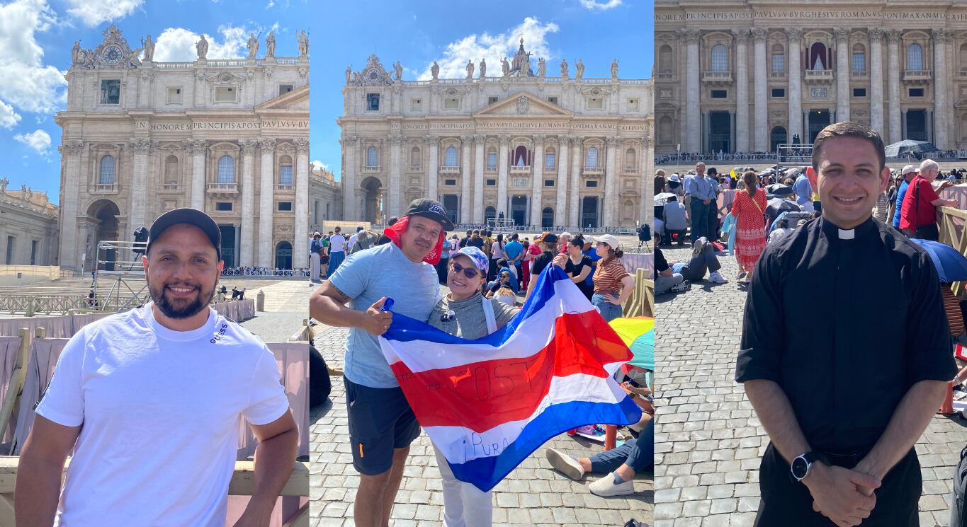Ticos en el Cónclave: Steven Cortés (izquierda), los esposos Dorys Fernández Corrales y Luis Campos García y el sacerdote Emanuel Quirós Chavarría (Derecha).