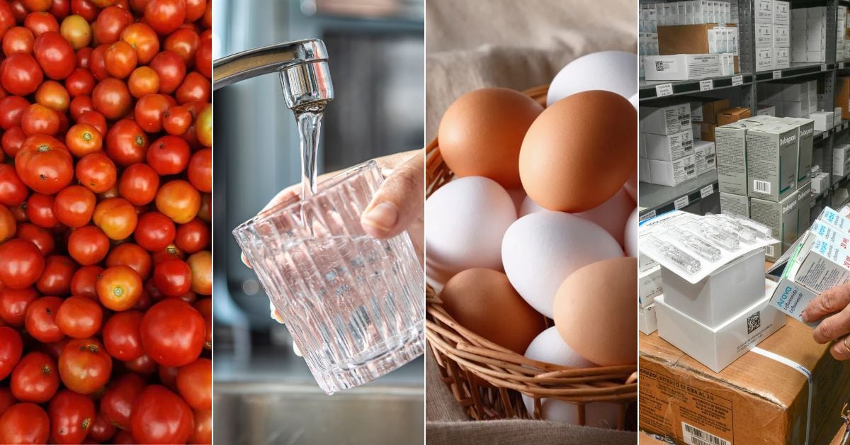 De izquierda a derecha, tomate, agua, huevos y medicinas