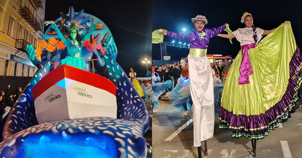 La carroza de Costa Rica en el Carnaval de Niza incluyó tiburones martillo, tortugas y una mantarraya. También, un pasacalles de artistas costarricenses animó el desfile con trajes tradicionales y presentaciones en zancos.