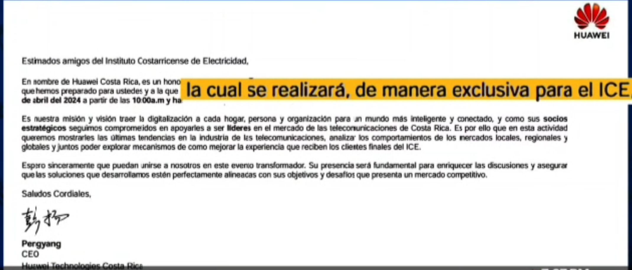 Fiesta de Huawei a empleados del ICE denunciada por sindicato del ICE. Foto: captura pantalla de información de Telenoticias