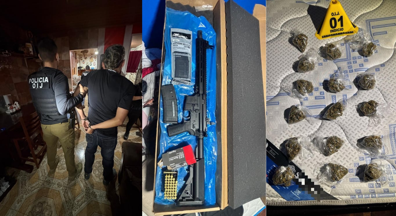 Parte de los hallazgos y uno de los detenidos en los allanamientos del OIJ. Fotografía: