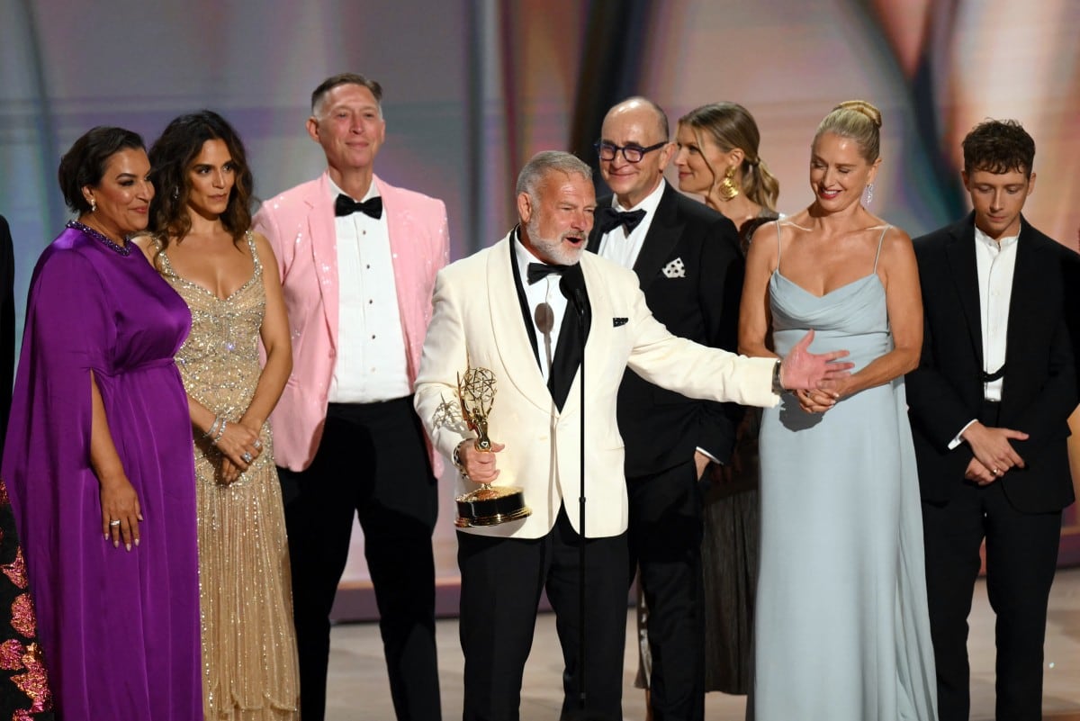 Canadian writer R. Scott Gemmill and cast accept the award for Outstanding Drama Series for "The Pitt" onstage during the 78th Primetime Emmy Awards at the Peacock Theatre at LA Live in Los Angeles on September 14, 2026. (Photo by Patrick T. Fallon / AFP) / RESTRICTED TO EDITORIAL USE