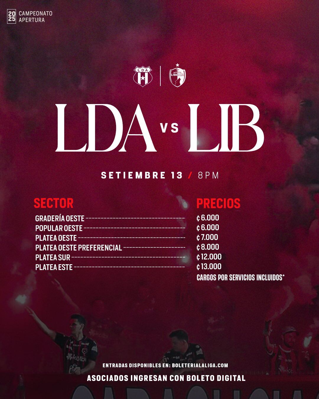 Estos son los precios de las entradas para el partido entre Liga Deportiva Alajuelense y el Municipal Liberia.