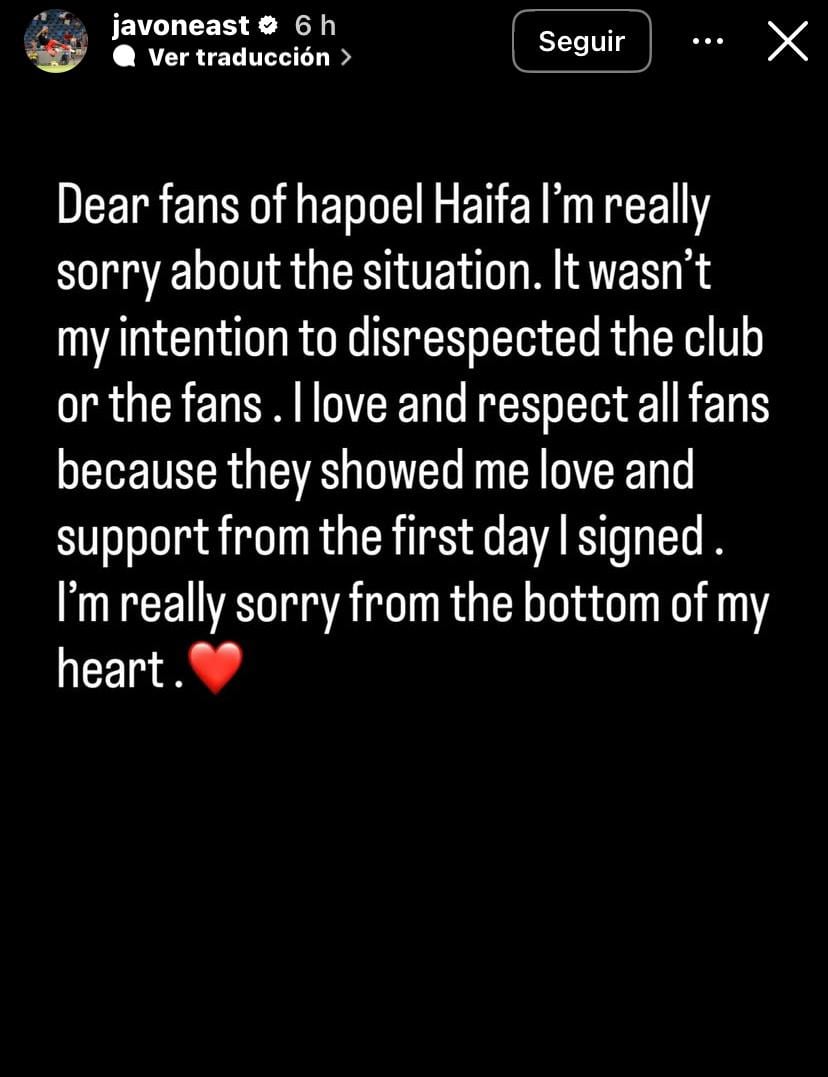 Javon East se puso la camiseta del Hapoel Beer Sheva en Israel mientras todavía era jugador del Hapoel Haifa por lo que tuvo que ofrecer disculpas.