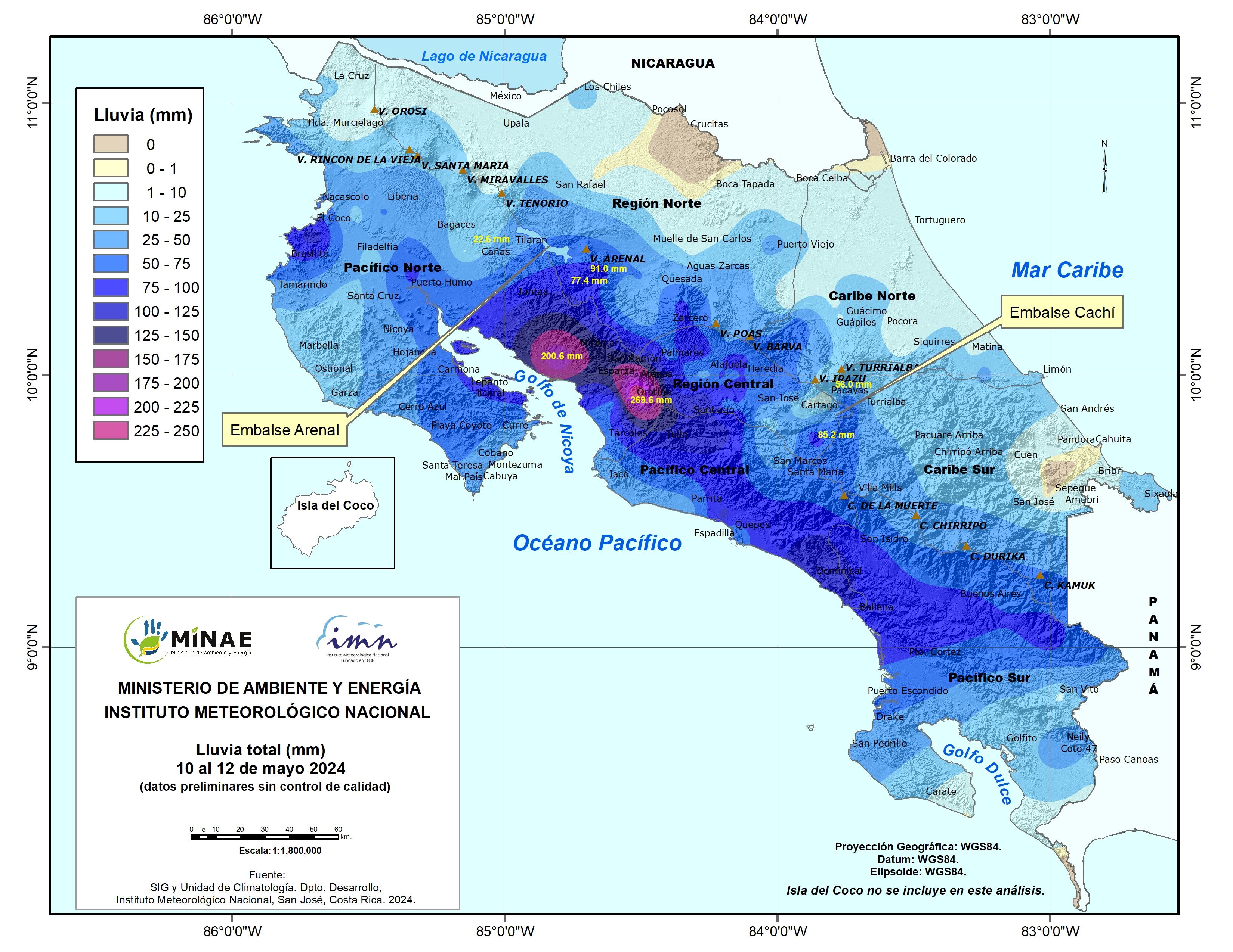 Entre el viernes y el domingo llovió fuerte cerca de los embalses de La Garita de Alajuela y Pirrís en Los Santos, mientras comenzaban a asomarse las lluvias en Arenal, Angostura y otros. Imagen: IMN.