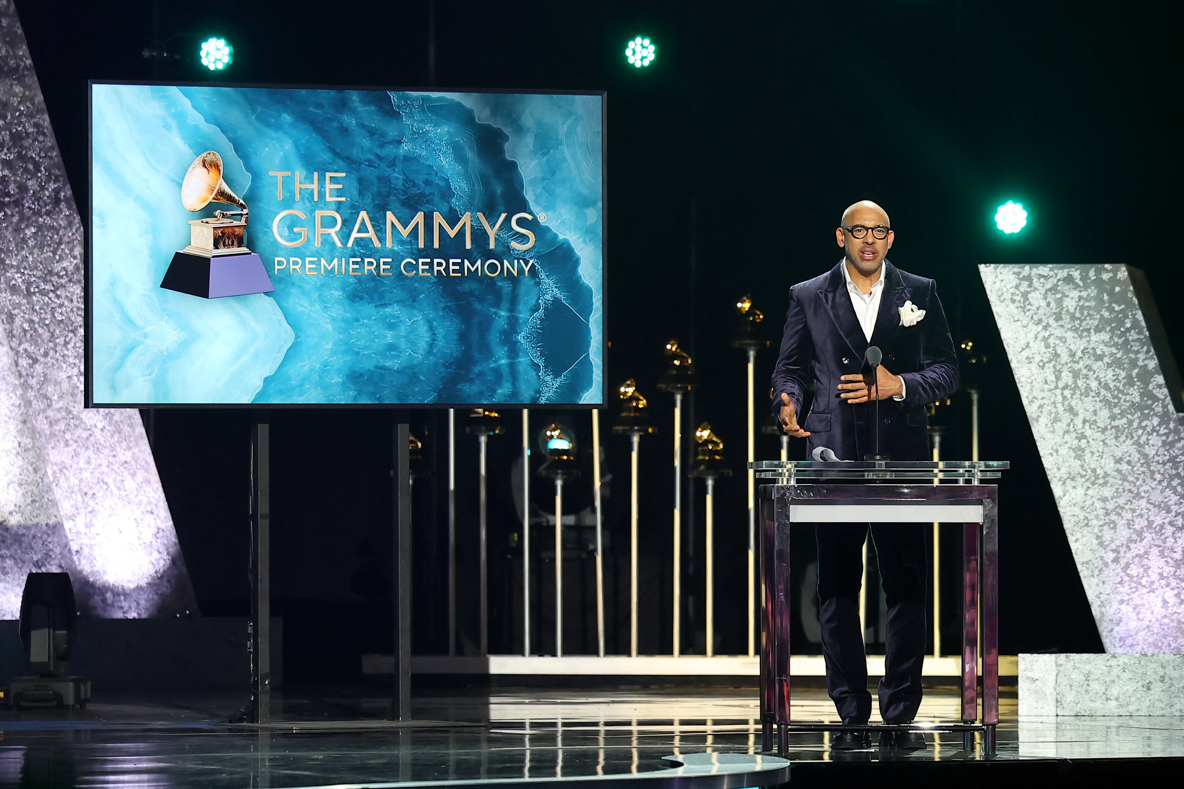 LOS ANGELES, CALIFORNIA - FEBRUARY 02: Harvey Mason jr., CEO, Recording Academy, speaks onstage during the 67th Annual GRAMMY Awards Premiere Ceremony at Peacock Theater on February 02, 2025 ok in Los Angeles, California. Leon Bennett/Getty Images for The Recording Academy/AFP (Photo by Leon Bennett / GETTY IMAGES NORTH AMERICA / Getty Images via AFP)