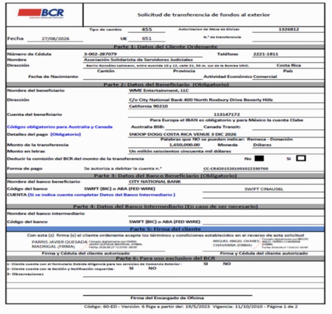 Transacción realizada por la asociación para efectuar el pago para el concierto de Snoop Dogg.
