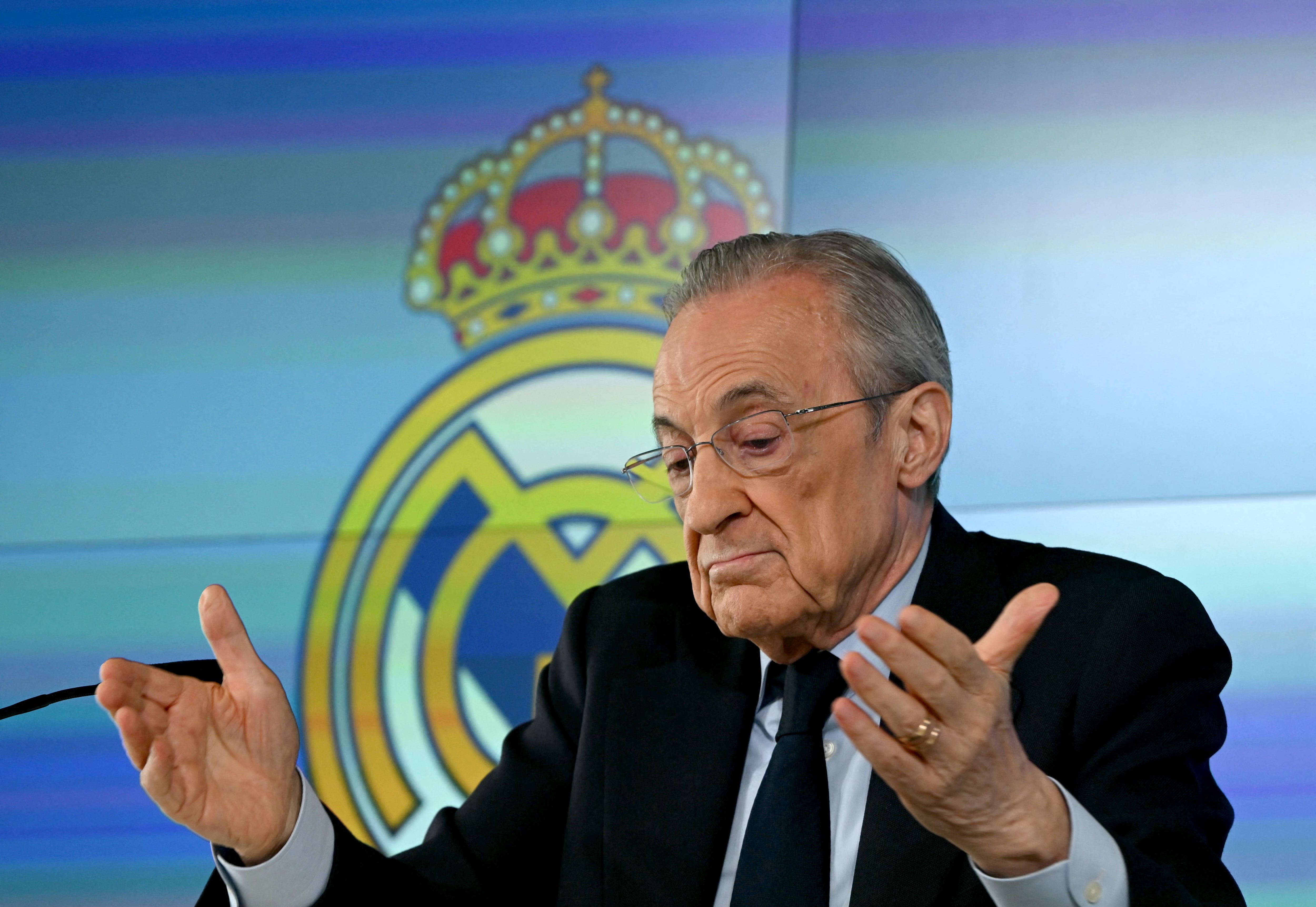 El presidente del Real Madrid, Forentino Pérez, durante la conferencia de prensa de este 12 de mayo.