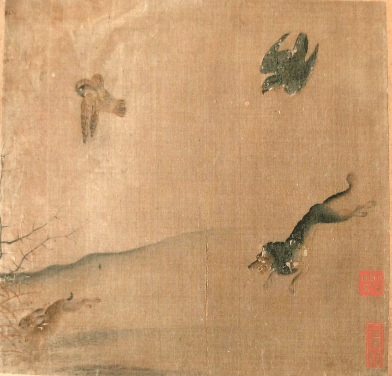'Liebre perseguida por halcones y un perro', de pintor desconocido de la Dinastía Qing, s. XVII.