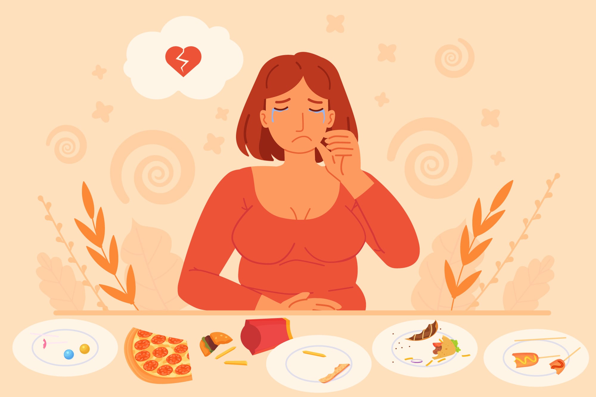 Una ilustración de una mujer sufriendo por lo mucho que comió. Se ven platos vacíos y empaques de comida rápida.