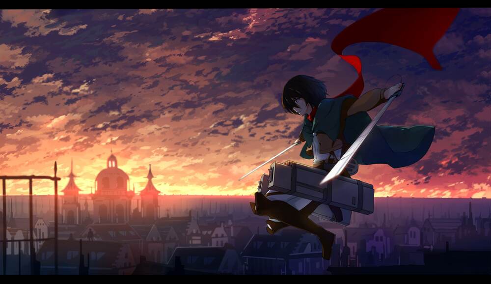 La humanidad se defiende de estas gigantes criaturas con un equipo que los permite desplazarse por los aires por medio de arnés. Los soldados de la humanidad se equipan con filosos sables que pueden cortar la piel de estas criaturas. En la imagen aparecer Mikasa Ackerman. Cortesía de Estudio wit.